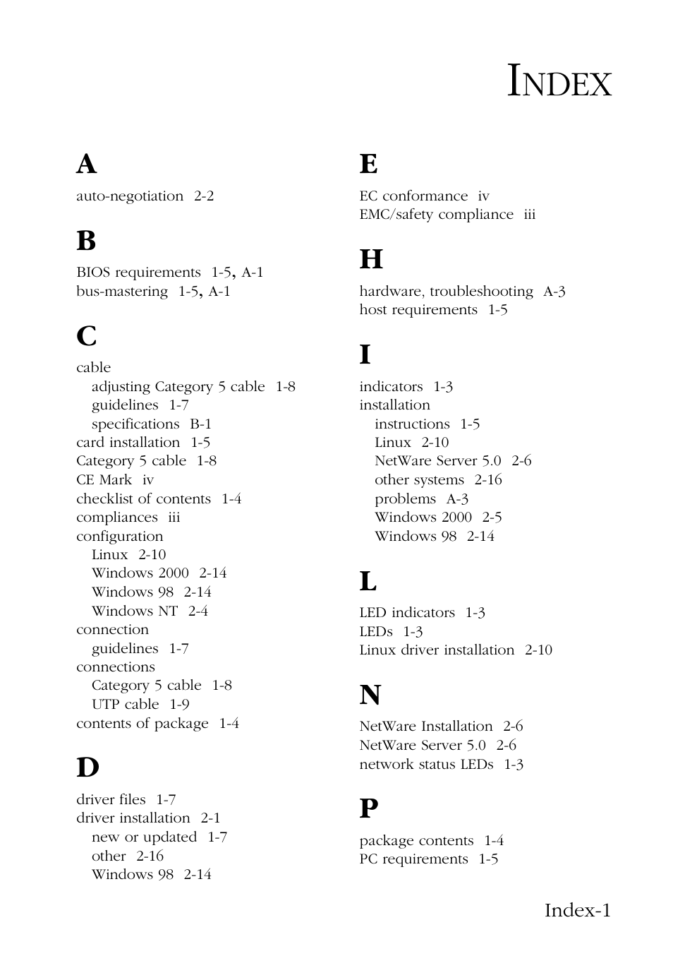 Index, Ndex | SMC Networks SMC EZ Card 1000 SMC9452TX User Manual | Page 59 / 62