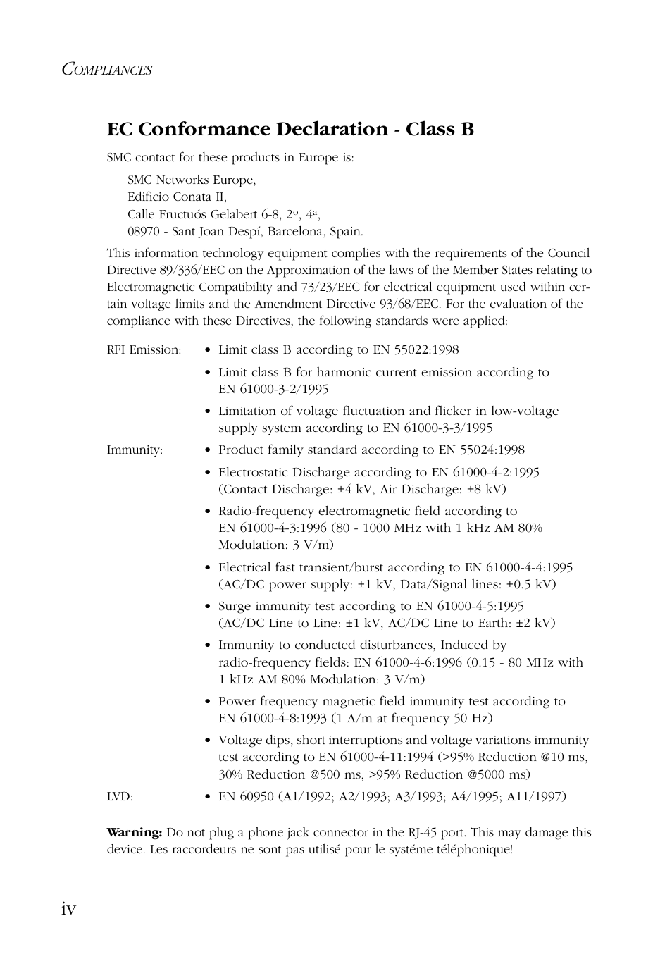 Iv ec conformance declaration - class b | SMC Networks SMC EZ Card 1000 SMC9452TX User Manual | Page 8 / 62