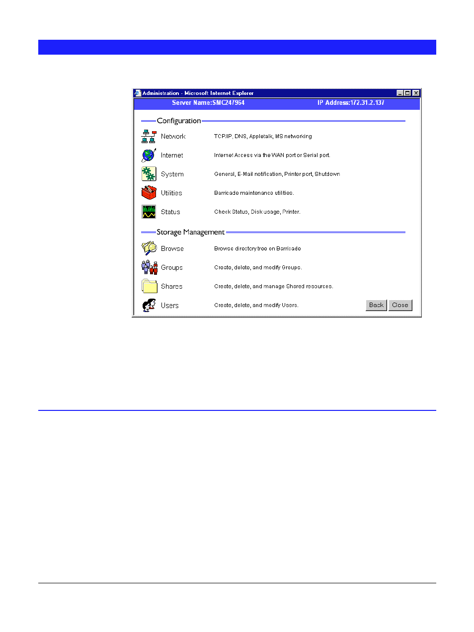 Main menu, Configuration group, Network | Internet | SMC Networks Barricade User Manual | Page 20 / 54