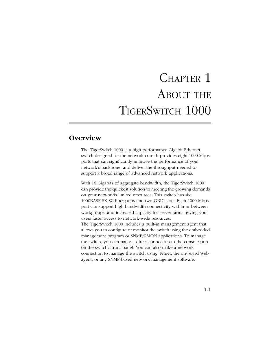 Chapter 1 about the tigerswitch 1000, Overview, About the tigerswitch 1000 -1 | Overview -1 | SMC Networks 1000 User Manual | Page 15 / 66
