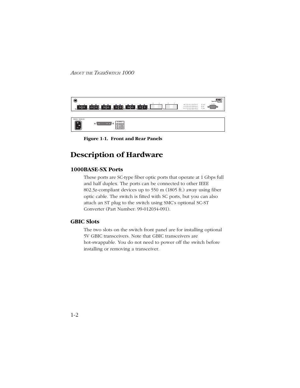 Description of hardware, 1000base-sx ports, Gbic slots | Description of hardware -2, 1000base-sx ports -2 gbic slots -2 | SMC Networks 1000 User Manual | Page 16 / 66