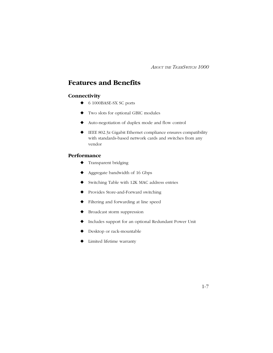 Features and benefits, Connectivity, Performance | Features and benefits -7, Connectivity -7 performance -7 | SMC Networks 1000 User Manual | Page 21 / 66