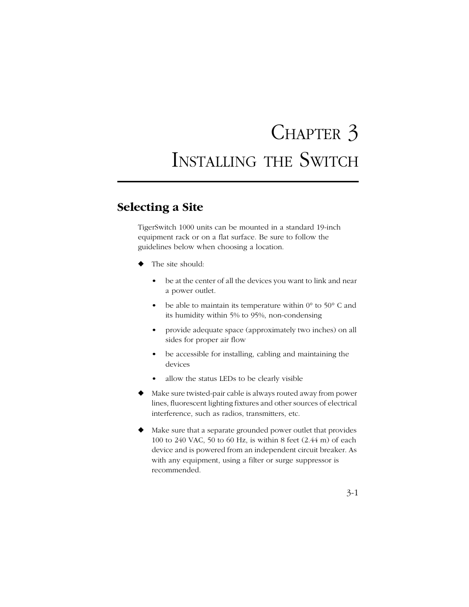 Chapter 3 installing the switch, Selecting a site, Installing the switch -1 | Selecting a site -1, Hapter, Nstalling, Witch | SMC Networks 1000 User Manual | Page 29 / 66