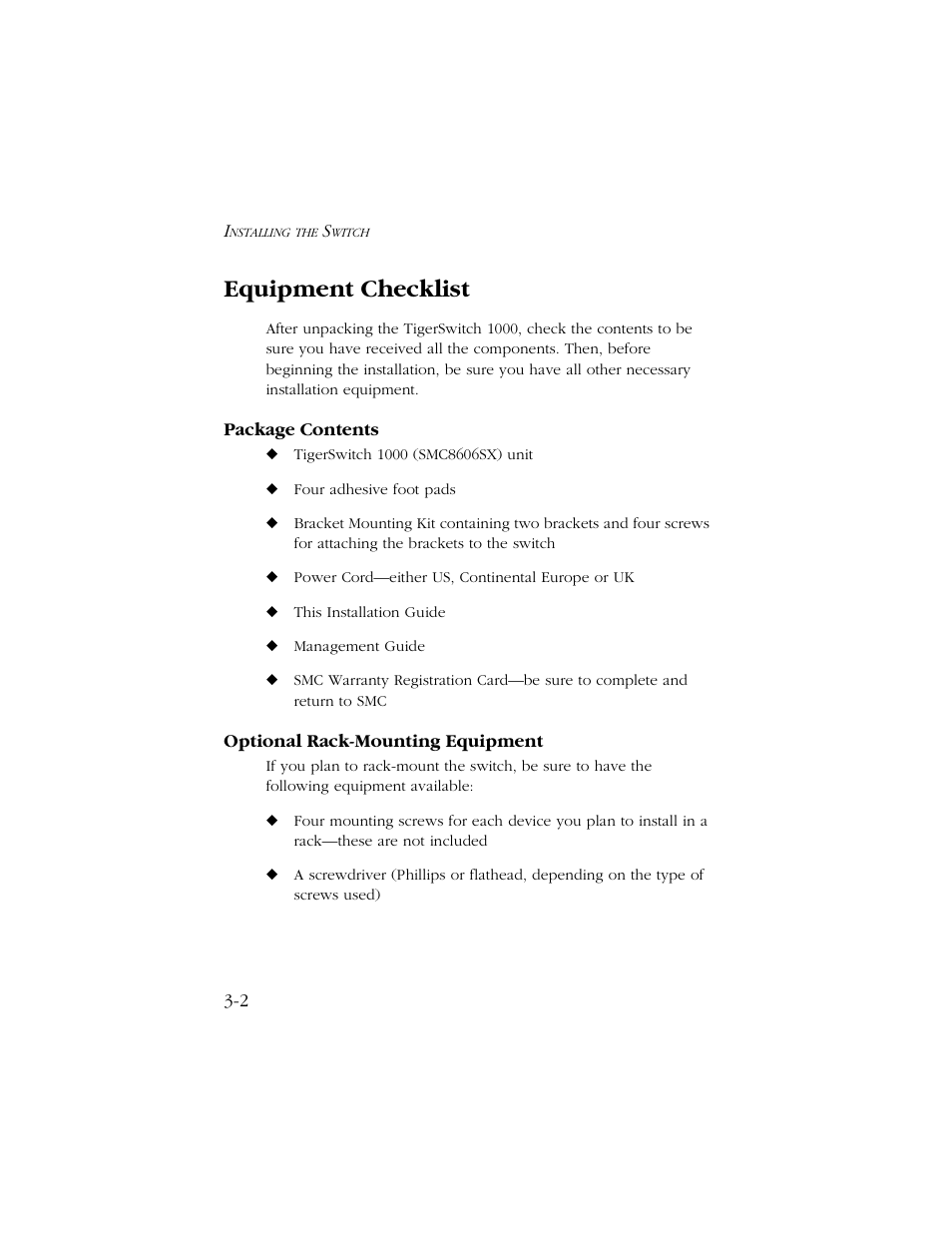 Equipment checklist, Package contents, Optional rack-mounting equipment | Equipment checklist -2 | SMC Networks 1000 User Manual | Page 30 / 66