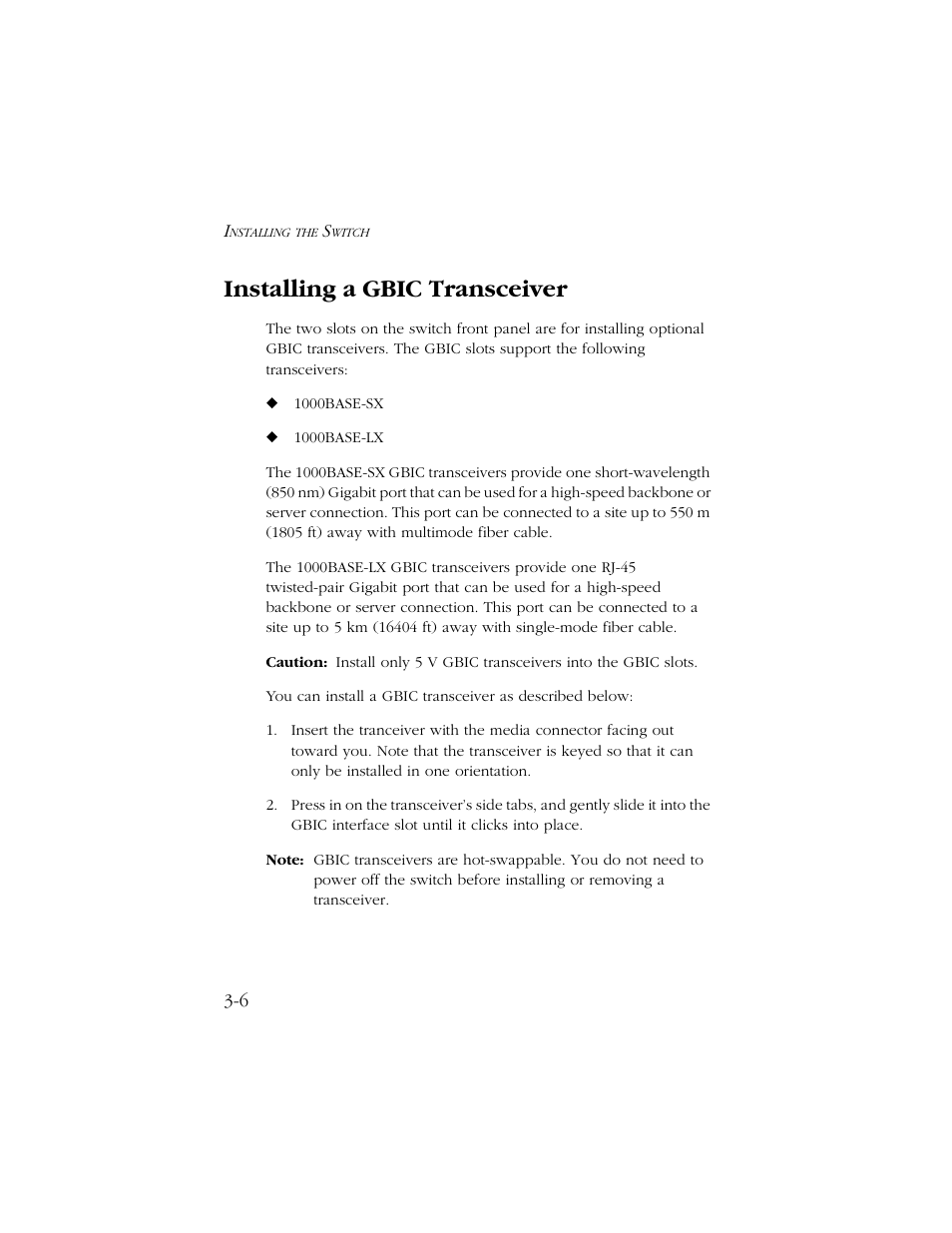 Installing a gbic transceiver, Installing a gbic transceiver -6 | SMC Networks 1000 User Manual | Page 34 / 66