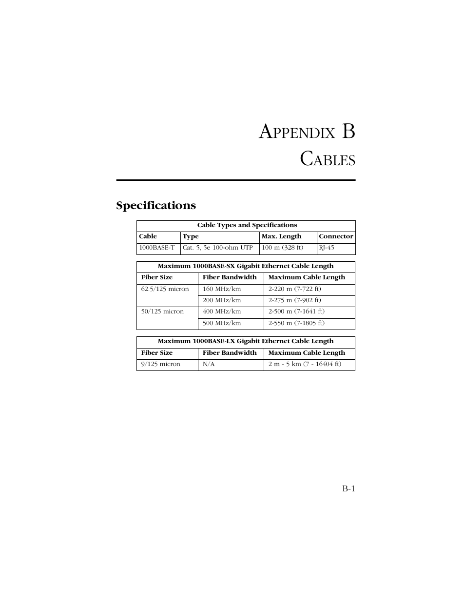 Appendix b cables, Specifications, Ppendix | Ables | SMC Networks 1000 User Manual | Page 43 / 66