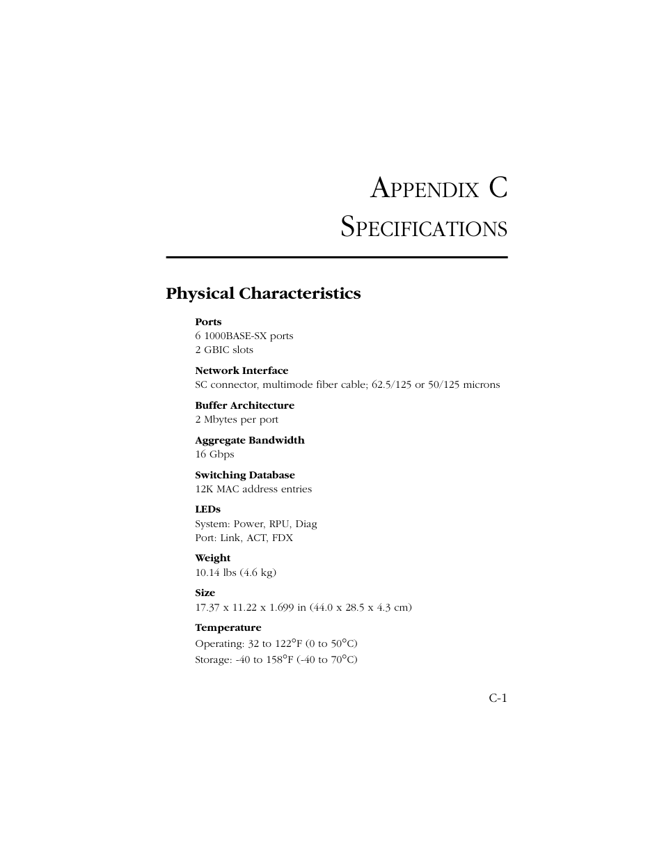 Appendix c specifications, Physical characteristics, Ppendix | Pecifications | SMC Networks 1000 User Manual | Page 47 / 66