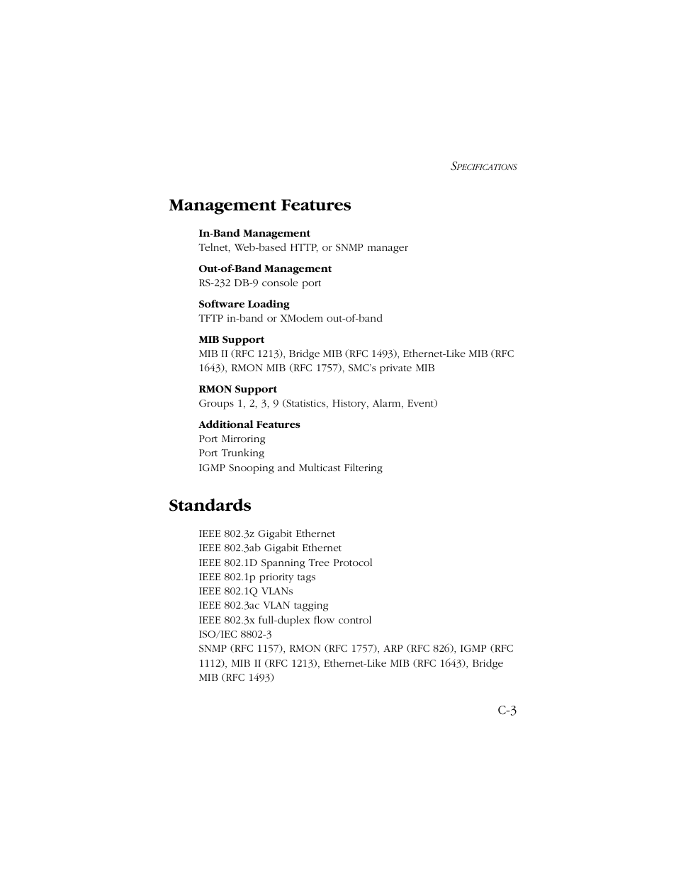 Management features, Standards | SMC Networks 1000 User Manual | Page 49 / 66