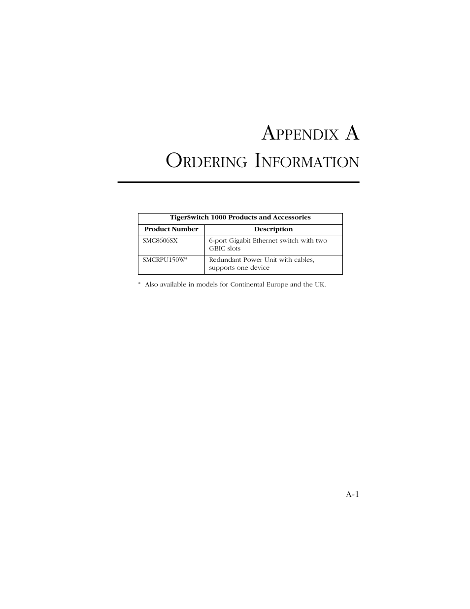 Appendix a ordering information, Ppendix, Rdering | Nformation | SMC Networks 1000 User Manual | Page 51 / 66