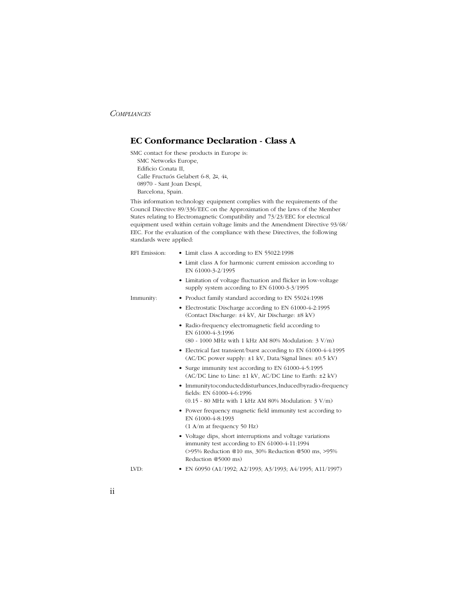 Ii ec conformance declaration - class a | SMC Networks 1000 User Manual | Page 8 / 66
