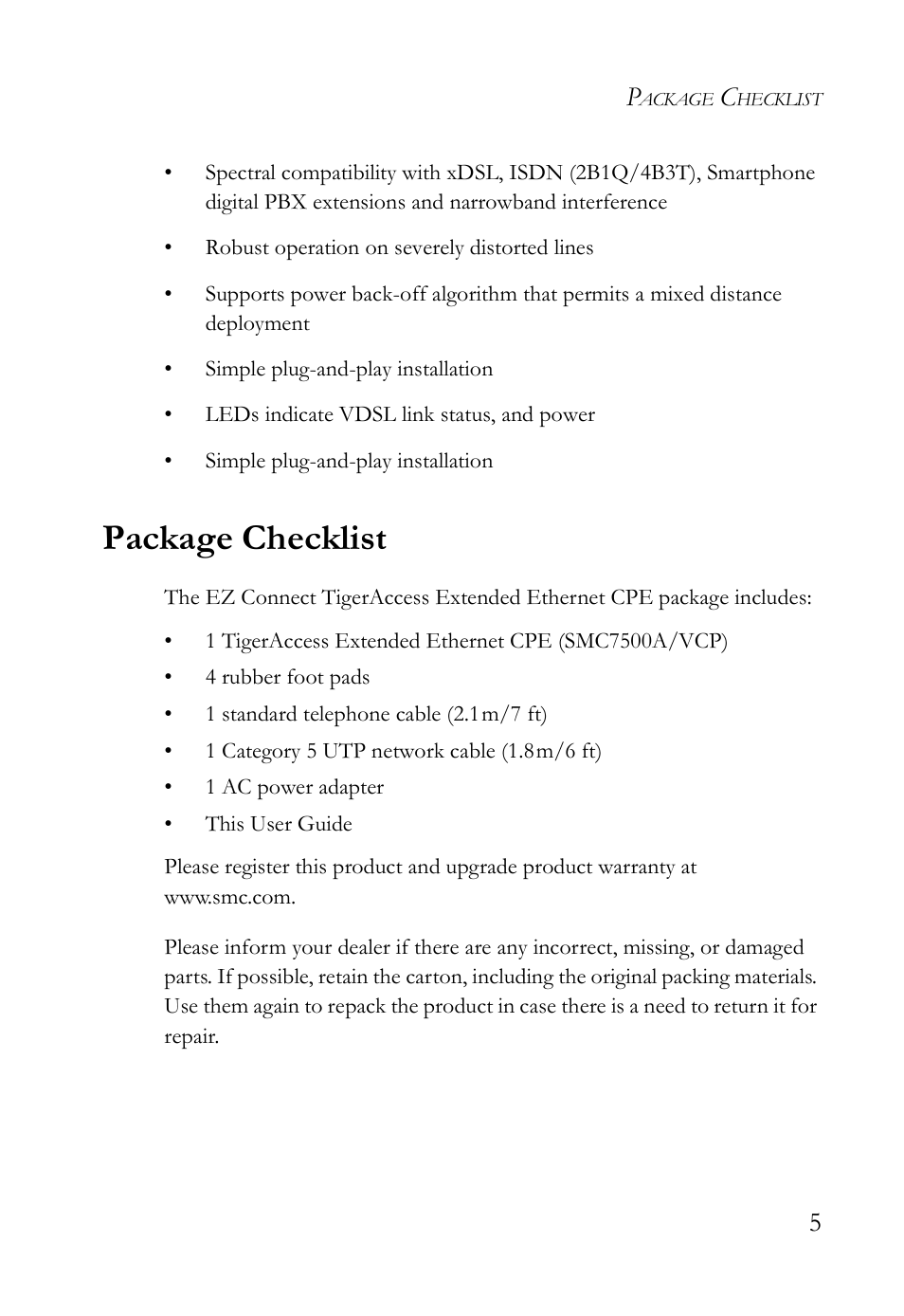 Package checklist | SMC Networks SMC7500A/VCP User Manual | Page 17 / 34