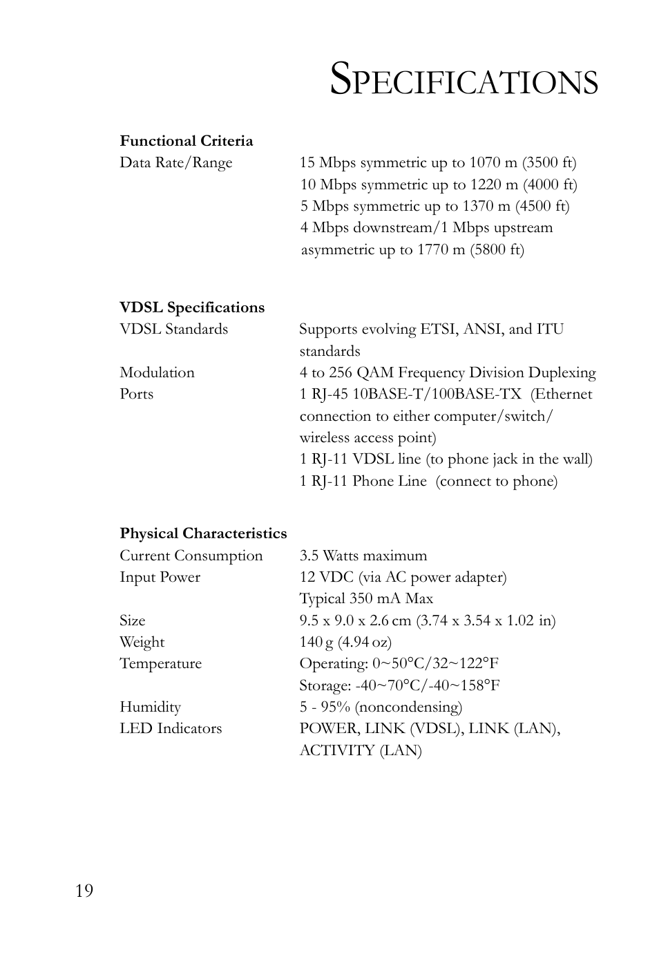 Specifications, Pecifications | SMC Networks SMC7500A/VCP User Manual | Page 31 / 34