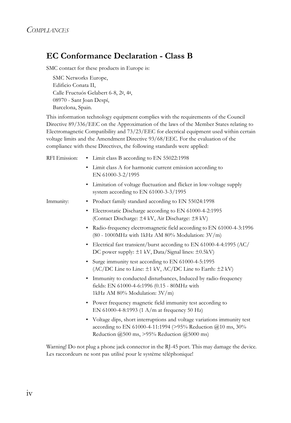 Iv ec conformance declaration - class b | SMC Networks SMC7500A/VCP User Manual | Page 8 / 34