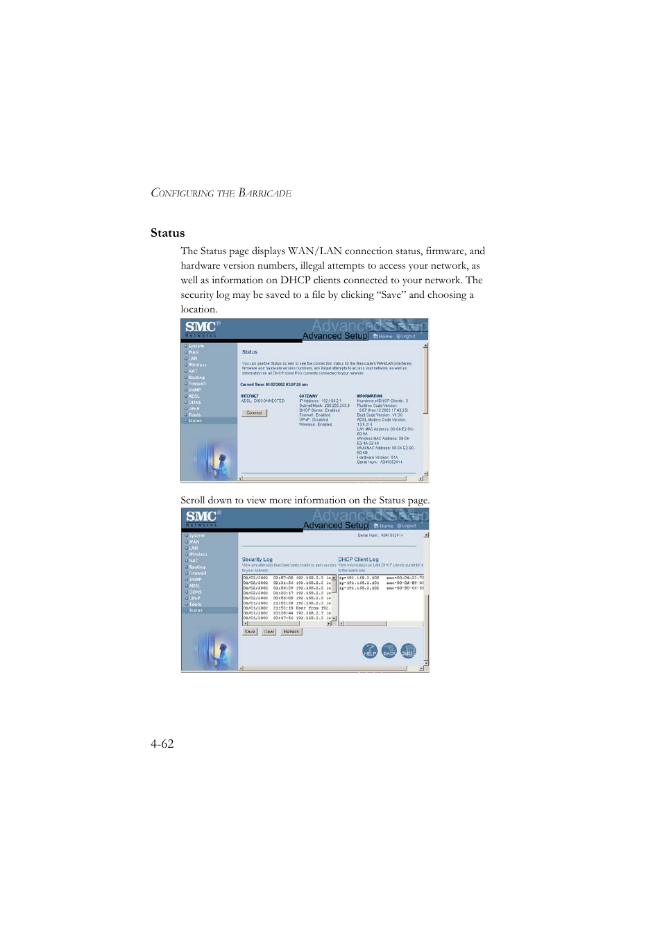 Status, Status -62 | SMC Networks SMC7804WBRA User Manual | Page 105 / 124