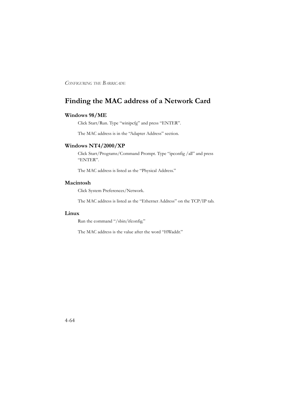 Finding the mac address of a network card, Windows 98/me, Windows nt4/2000/xp | Macintosh, Linux, Finding the mac address of a network card -64 | SMC Networks SMC7804WBRA User Manual | Page 107 / 124