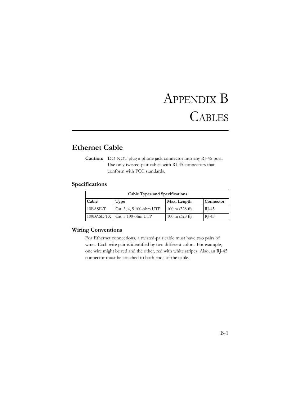 Appendix b cables, Ethernet cable, Specifications | Wiring conventions, Ppendix, Ables | SMC Networks SMC7804WBRA User Manual | Page 112 / 124