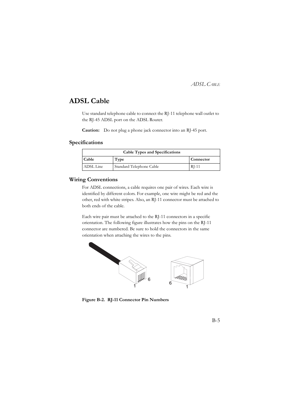 Adsl cable, Specifications, Wiring conventions | SMC Networks SMC7804WBRA User Manual | Page 116 / 124