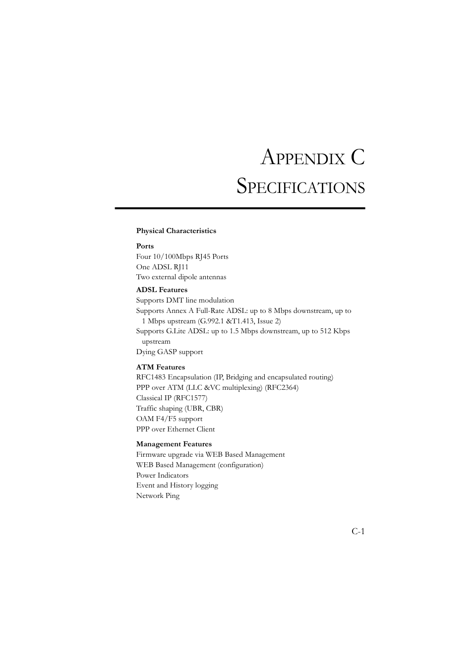 Appendix c specifications, Ppendix, Pecifications | SMC Networks SMC7804WBRA User Manual | Page 118 / 124