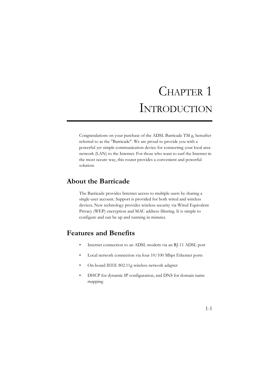 Chapter 1 introduction, About the barricade, Features and benefits | Introduction -1, About the barricade -1 features and benefits -1, Hapter, Ntroduction | SMC Networks SMC7804WBRA User Manual | Page 14 / 124