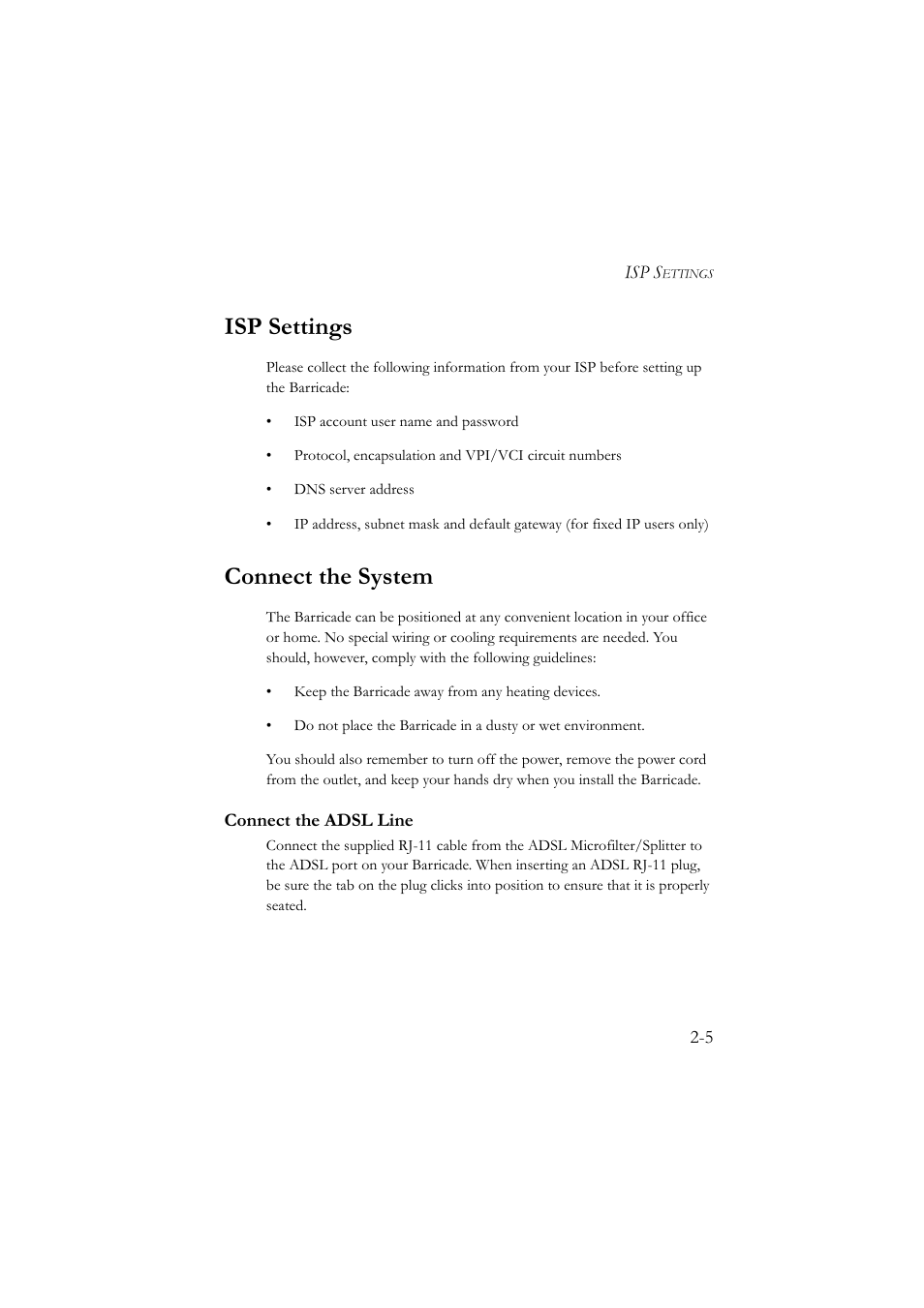 Isp settings, Connect the system, Connect the adsl line | Isp settings -5 connect the system -5, Connect the adsl line -5 | SMC Networks SMC7804WBRA User Manual | Page 22 / 124