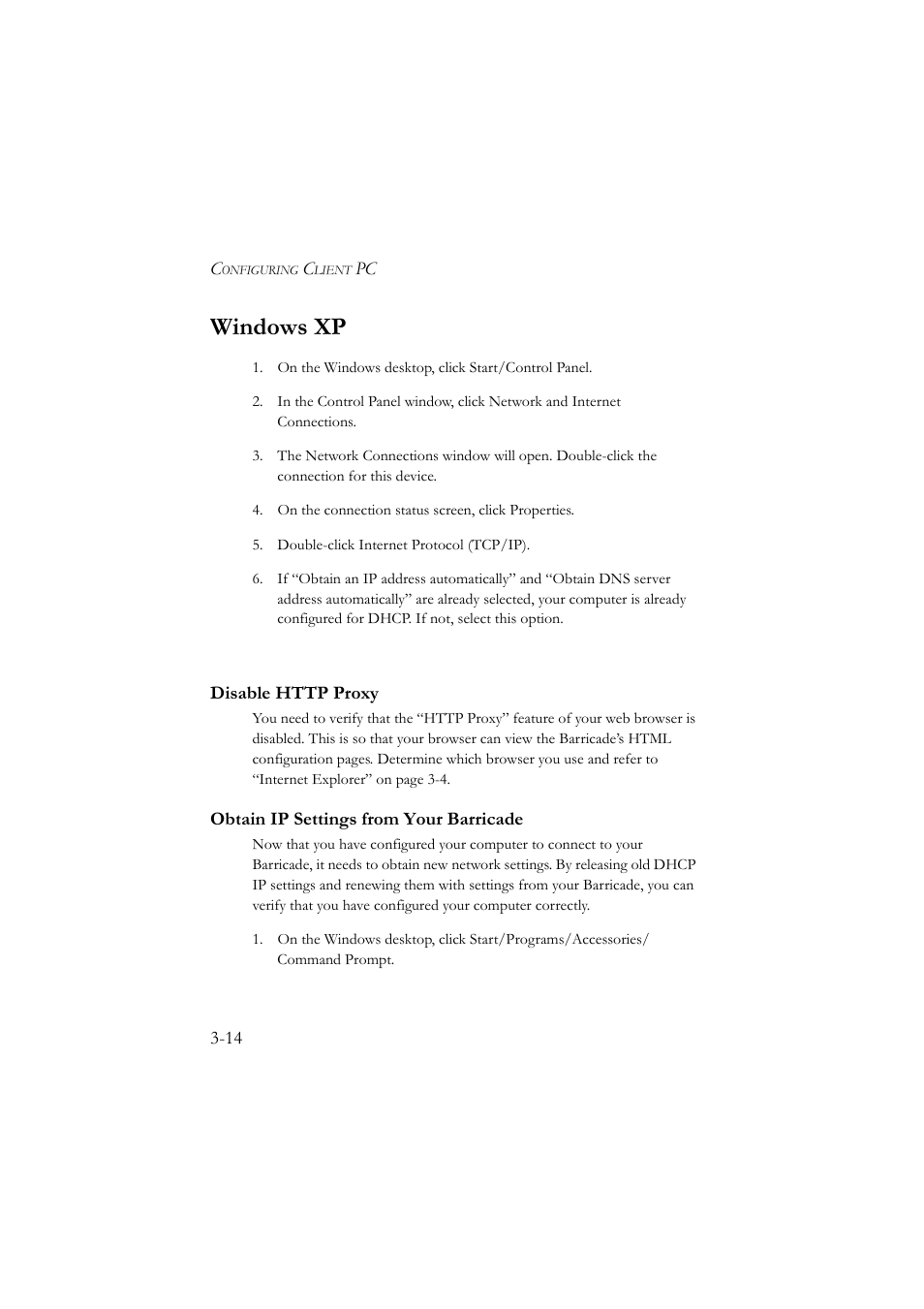 Windows xp, Disable http proxy, Obtain ip settings from your barricade | Windows xp -14 | SMC Networks SMC7804WBRA User Manual | Page 39 / 124