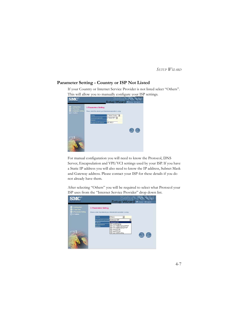 Parameter setting - country or isp not listed, Parameter setting - country or isp not listed -7 | SMC Networks SMC7804WBRA User Manual | Page 50 / 124