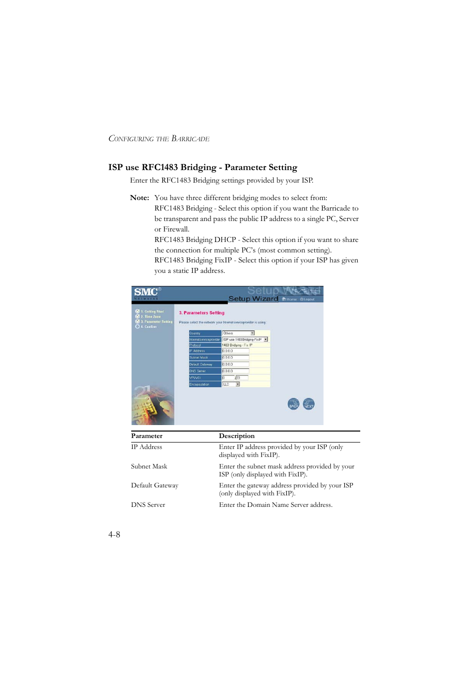 Isp use rfc1483 bridging - parameter setting, Isp use rfc1483 bridging - parameter setting -8 | SMC Networks SMC7804WBRA User Manual | Page 51 / 124