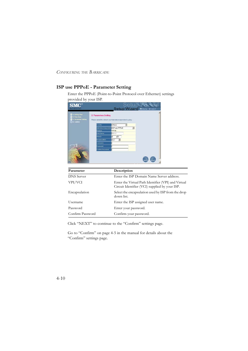 Isp use pppoe - parameter setting, Isp use pppoe - parameter setting -10, 10 isp use pppoe - parameter setting | SMC Networks SMC7804WBRA User Manual | Page 53 / 124