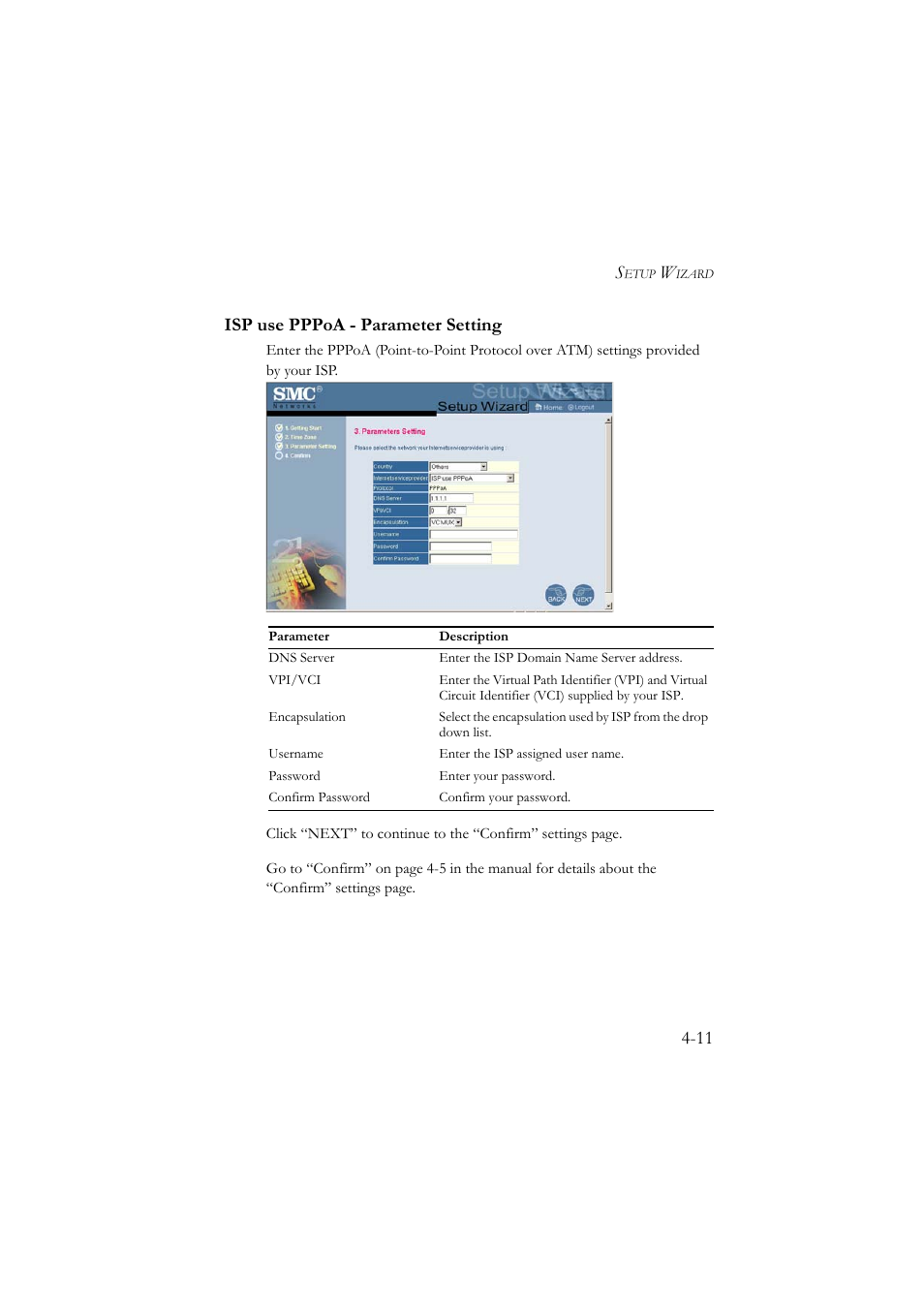 Isp use pppoa - parameter setting, Isp use pppoa - parameter setting -11, 11 isp use pppoa - parameter setting | SMC Networks SMC7804WBRA User Manual | Page 54 / 124