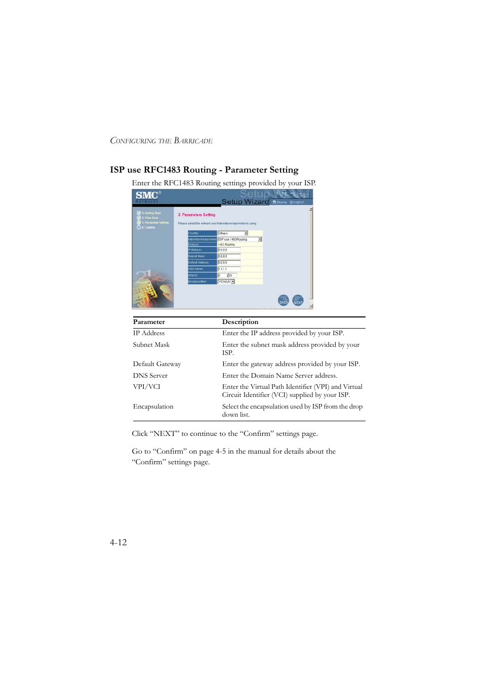 Isp use rfc1483 routing - parameter setting, Isp use rfc1483 routing - parameter setting -12 | SMC Networks SMC7804WBRA User Manual | Page 55 / 124