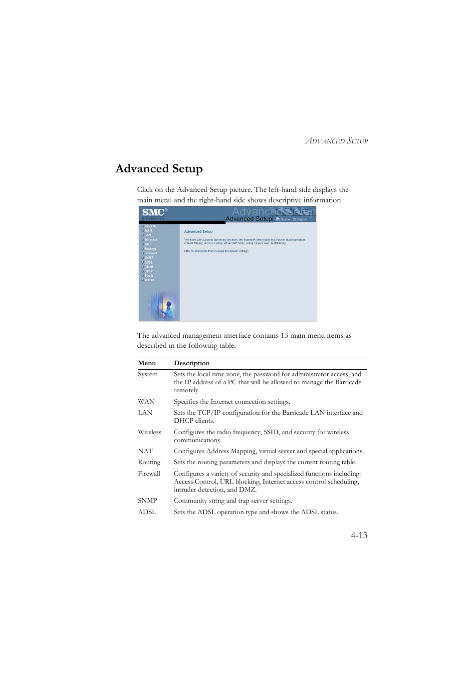 Advanced setup, Advanced setup -13 | SMC Networks SMC7804WBRA User Manual | Page 56 / 124