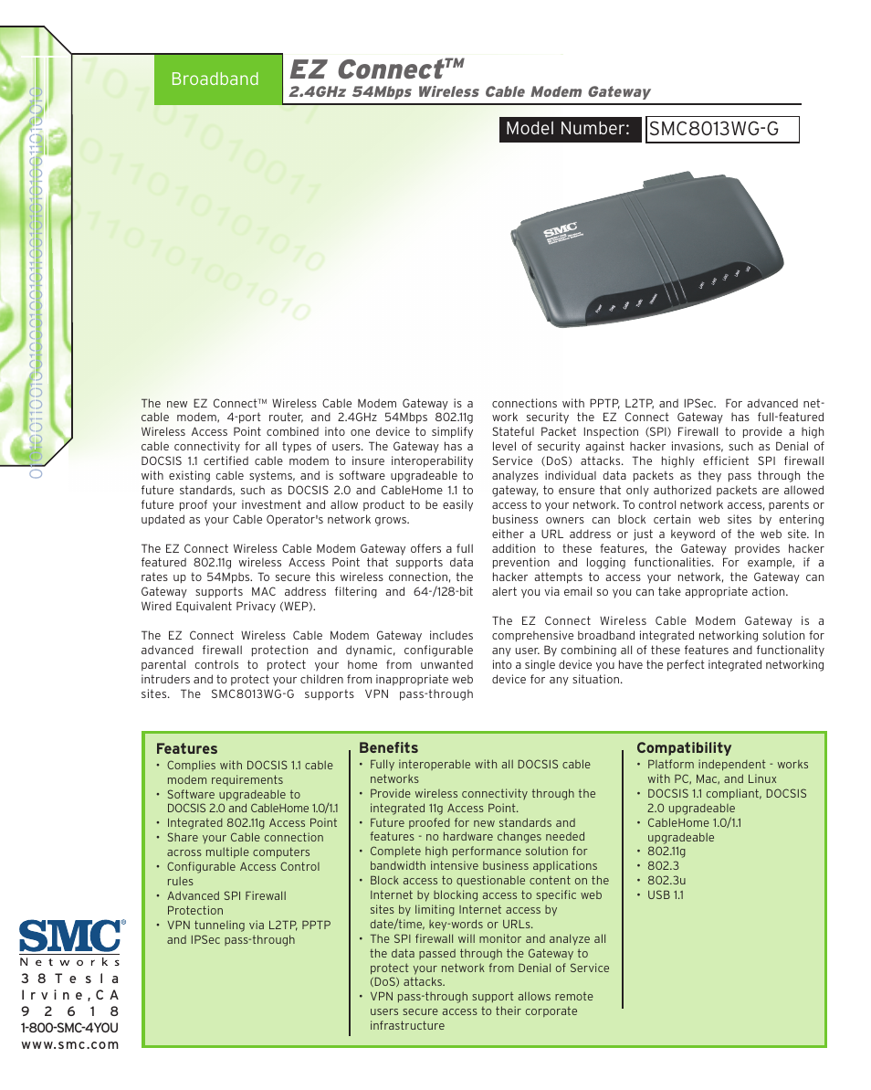 SMC Networks EZ Connect 2.4GHz 54Mbps Wireless Cable Modem Gateway SMC8013WG-G User Manual | 2 pages