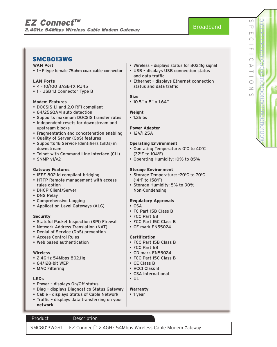 Ez connect, Smc8013wg | SMC Networks EZ Connect 2.4GHz 54Mbps Wireless Cable Modem Gateway SMC8013WG-G User Manual | Page 2 / 2