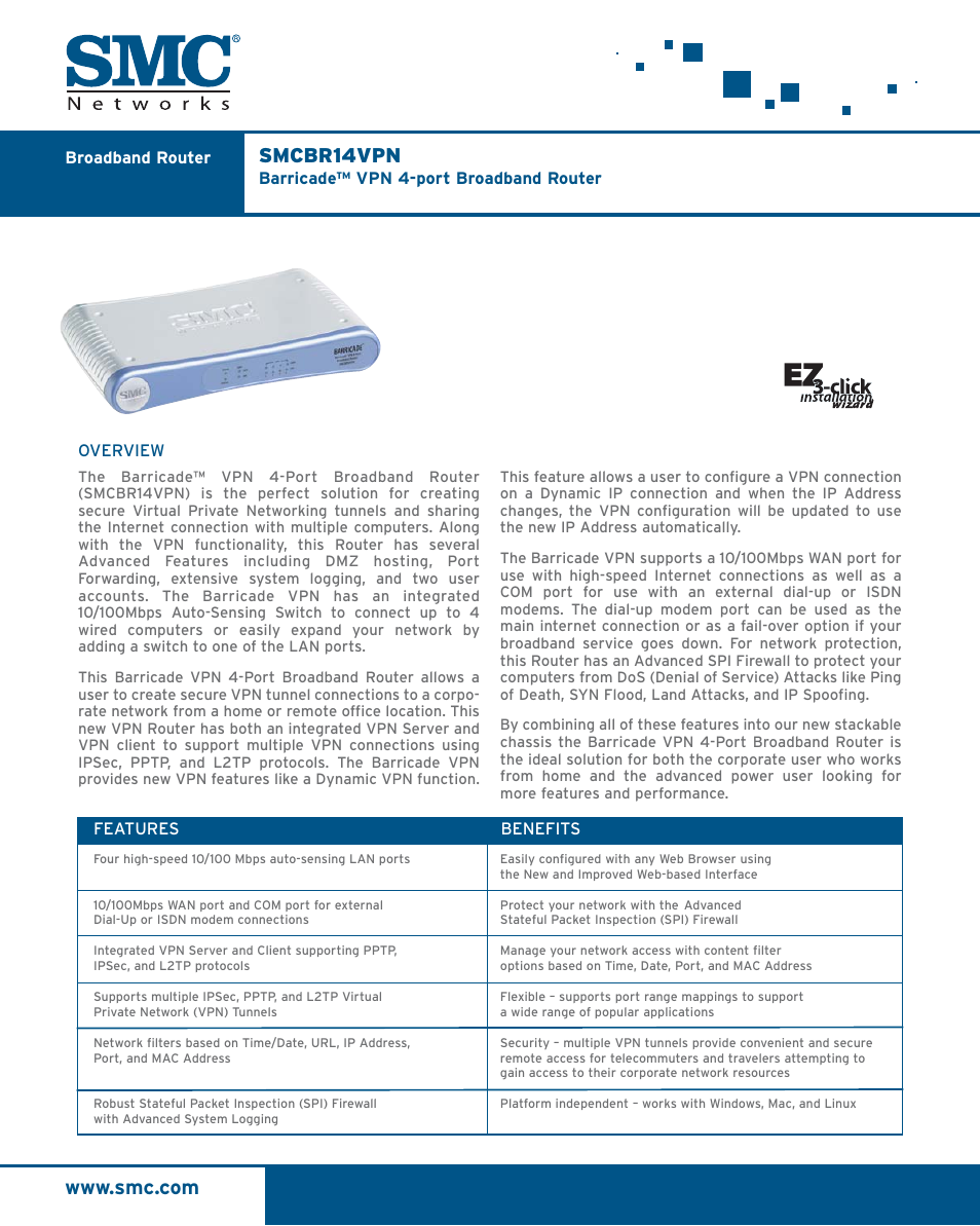 SMC Networks SMC Barricade Plus SMCBR14VPN User Manual | 2 pages