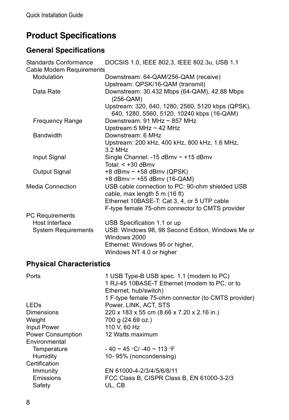 Product specifications, General specifications, Physical characteristics | SMC Networks SMC8002CM-US User Manual | Page 11 / 19