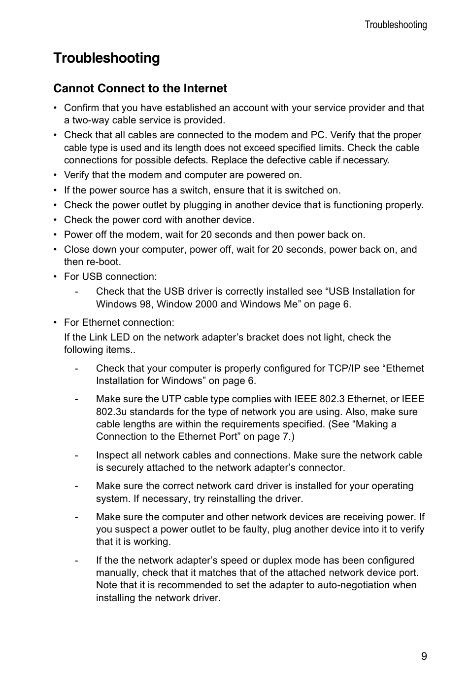 Troubleshooting, Cannot connect to the internet, Troubleshooting 10 | SMC Networks SMC8002CM-US User Manual | Page 12 / 19