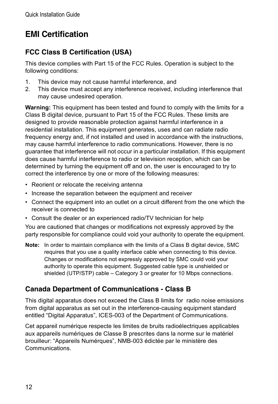 Emi certification, Fcc class b certification (usa), Canada department of communications - class b | SMC Networks SMC8002CM-US User Manual | Page 15 / 19