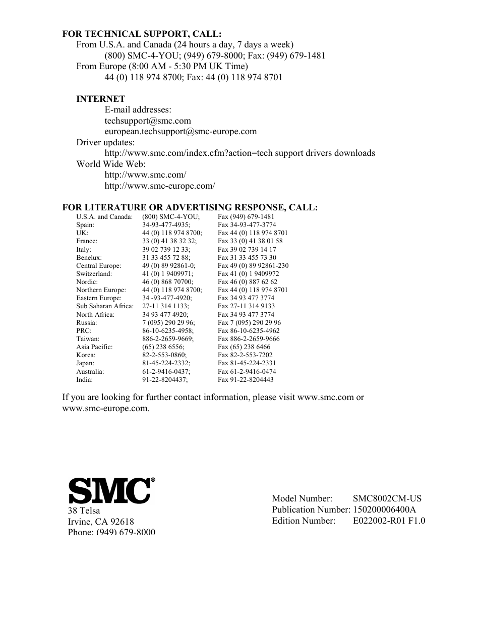 SMC Networks SMC8002CM-US User Manual | Page 19 / 19