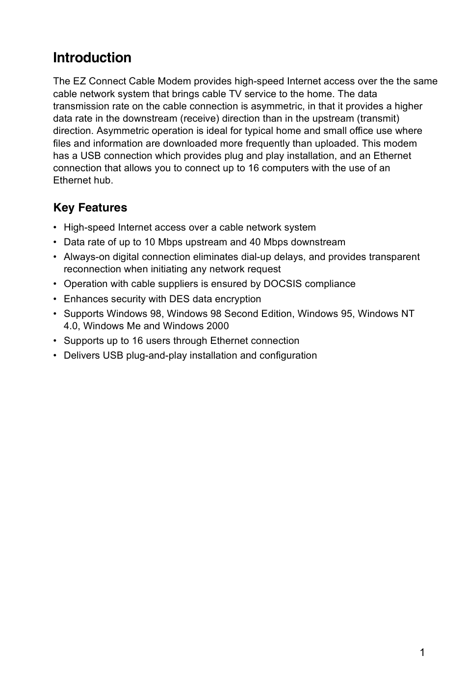 Introduction, Key features, Introduction 1 | SMC Networks SMC8002CM-US User Manual | Page 4 / 19