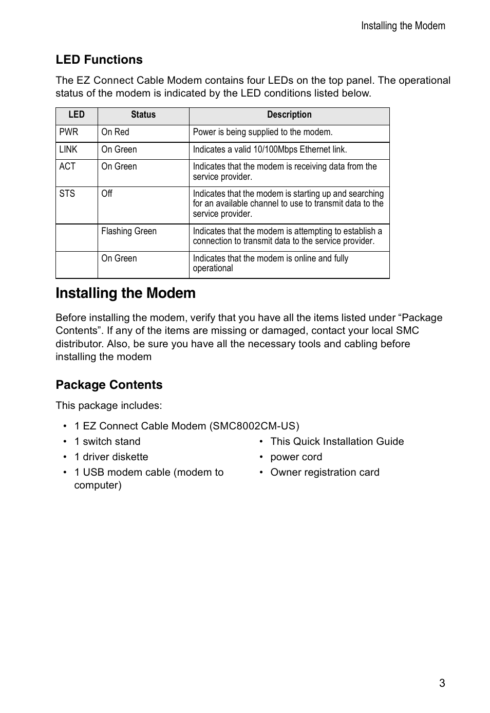Led functions, Installing the modem, Package contents | SMC Networks SMC8002CM-US User Manual | Page 6 / 19