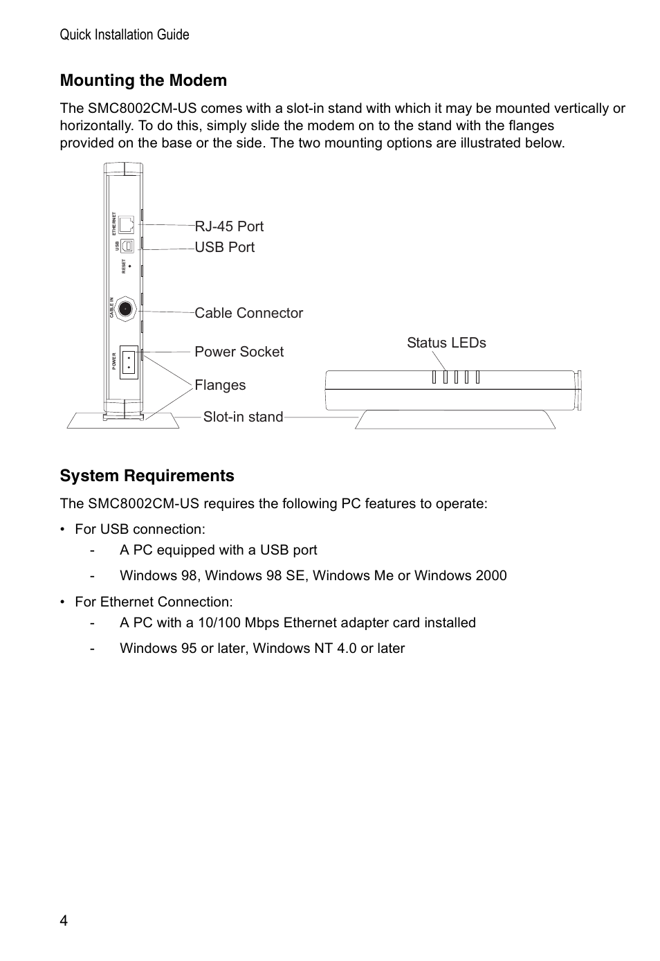 Mounting the modem, System requirements, Quick installation guide 4 | SMC Networks SMC8002CM-US User Manual | Page 7 / 19