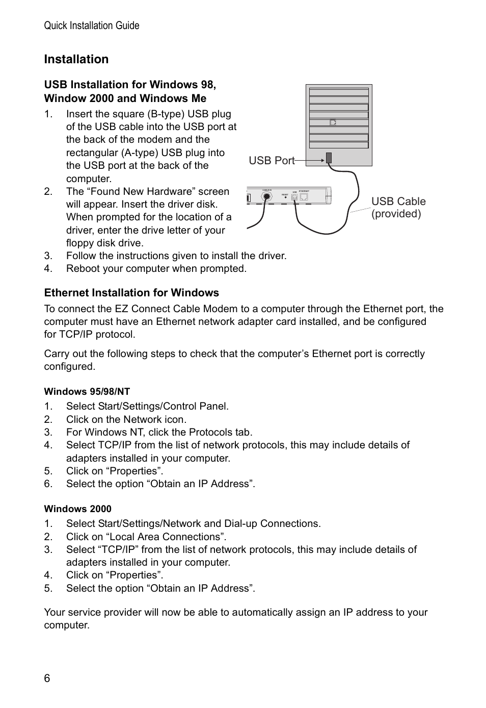 Installation, Ethernet installation for windows, Installation 6 | Windows 95/98/nt, Windows 2000 | SMC Networks SMC8002CM-US User Manual | Page 9 / 19