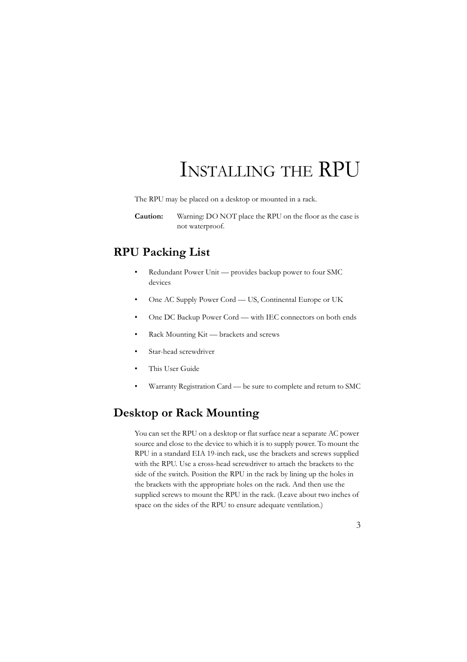 Installing the rpu, Rpu packing list, Desktop or rack mounting | Rpu packing list desktop or rack mounting, Nstalling | SMC Networks Redundant Power Unit SMCRPU600W User Manual | Page 15 / 22