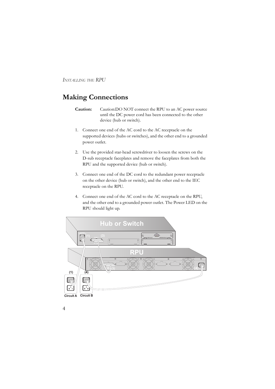 Making connections, Hub or switch rpu, Rpu 4 | SMC Networks Redundant Power Unit SMCRPU600W User Manual | Page 16 / 22