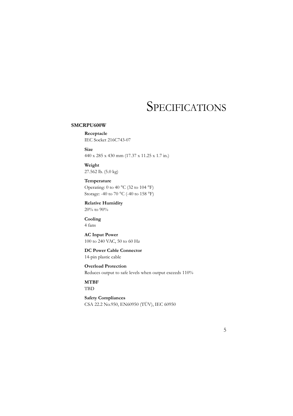 Specifications, Pecifications | SMC Networks Redundant Power Unit SMCRPU600W User Manual | Page 17 / 22