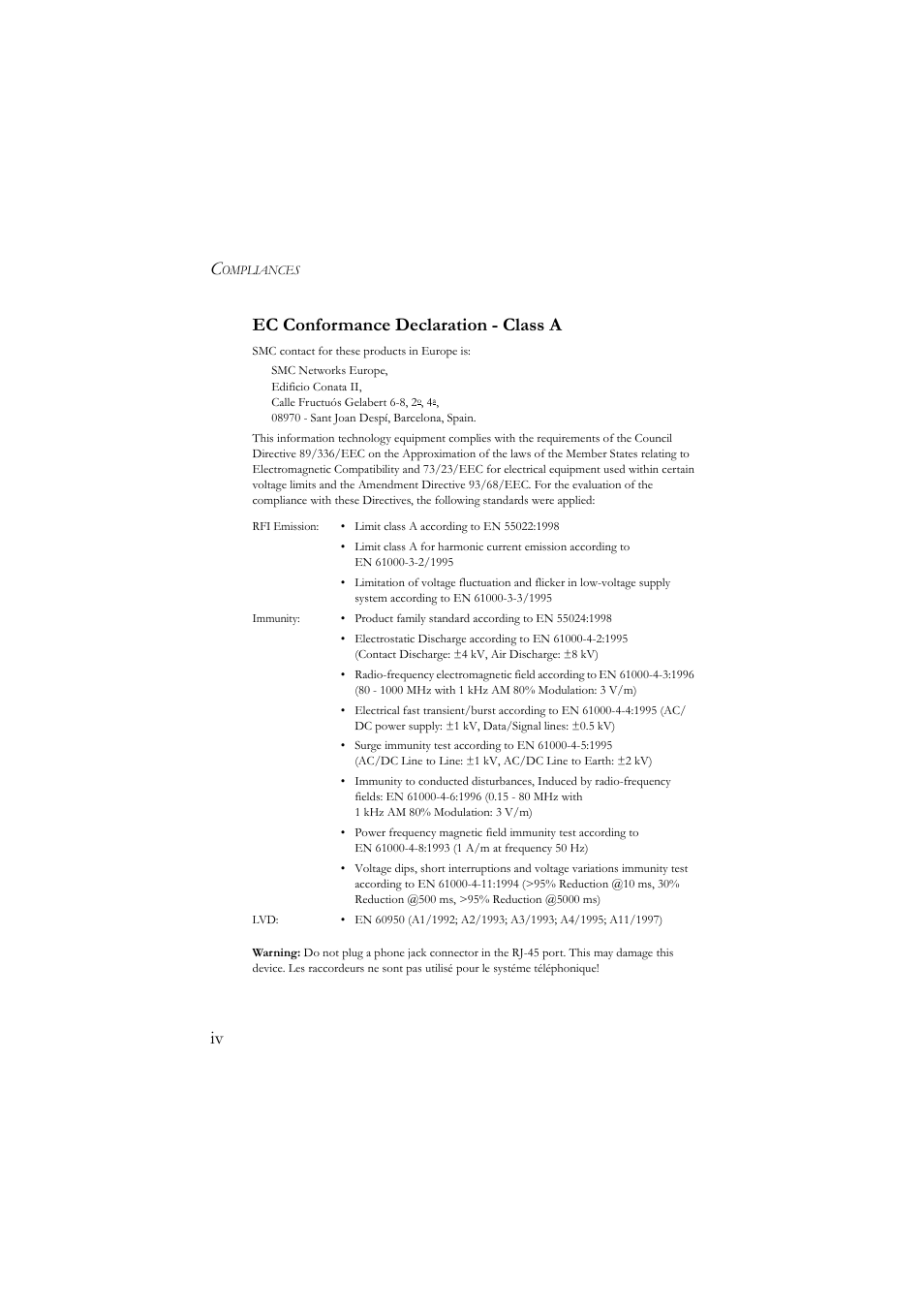 Iv ec conformance declaration - class a | SMC Networks Redundant Power Unit SMCRPU600W User Manual | Page 8 / 22