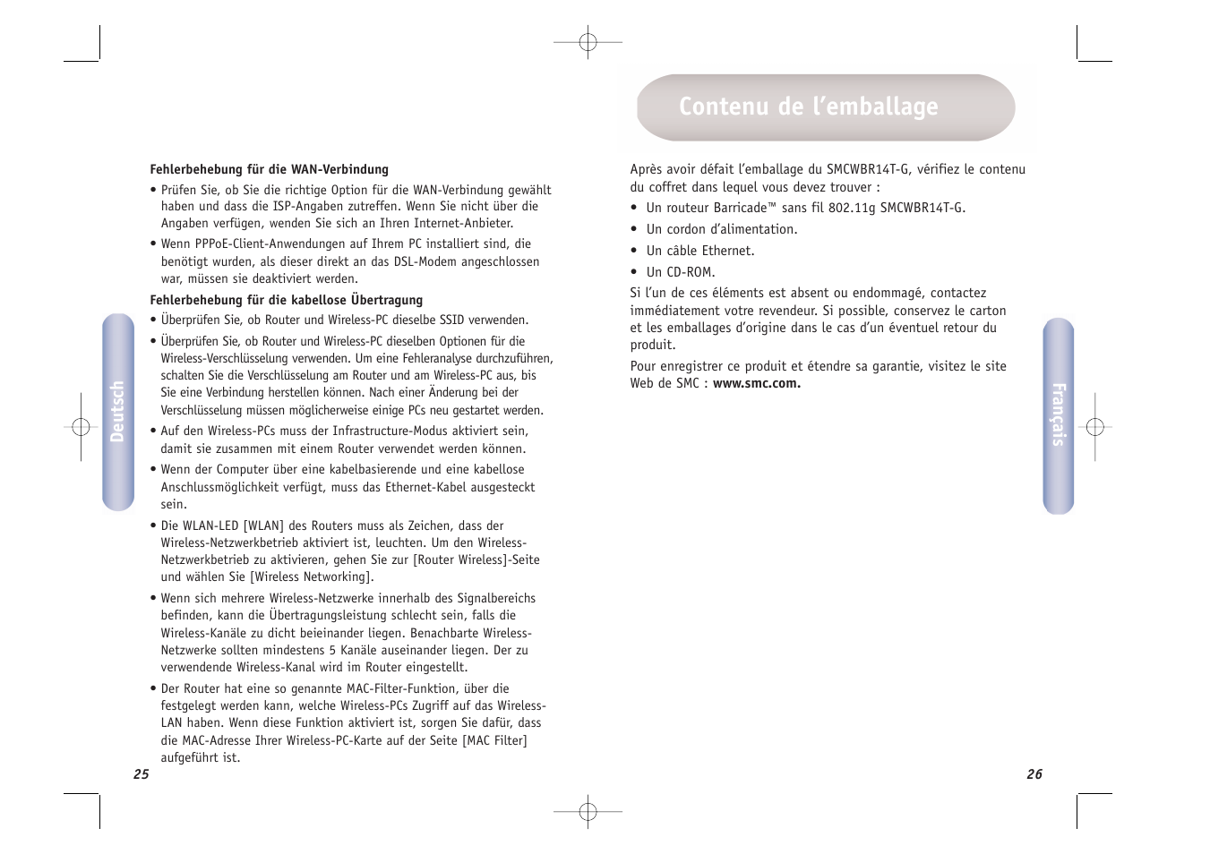 Contenu de l’emballage | SMC Networks SMCWBR14T-G User Manual | Page 14 / 46