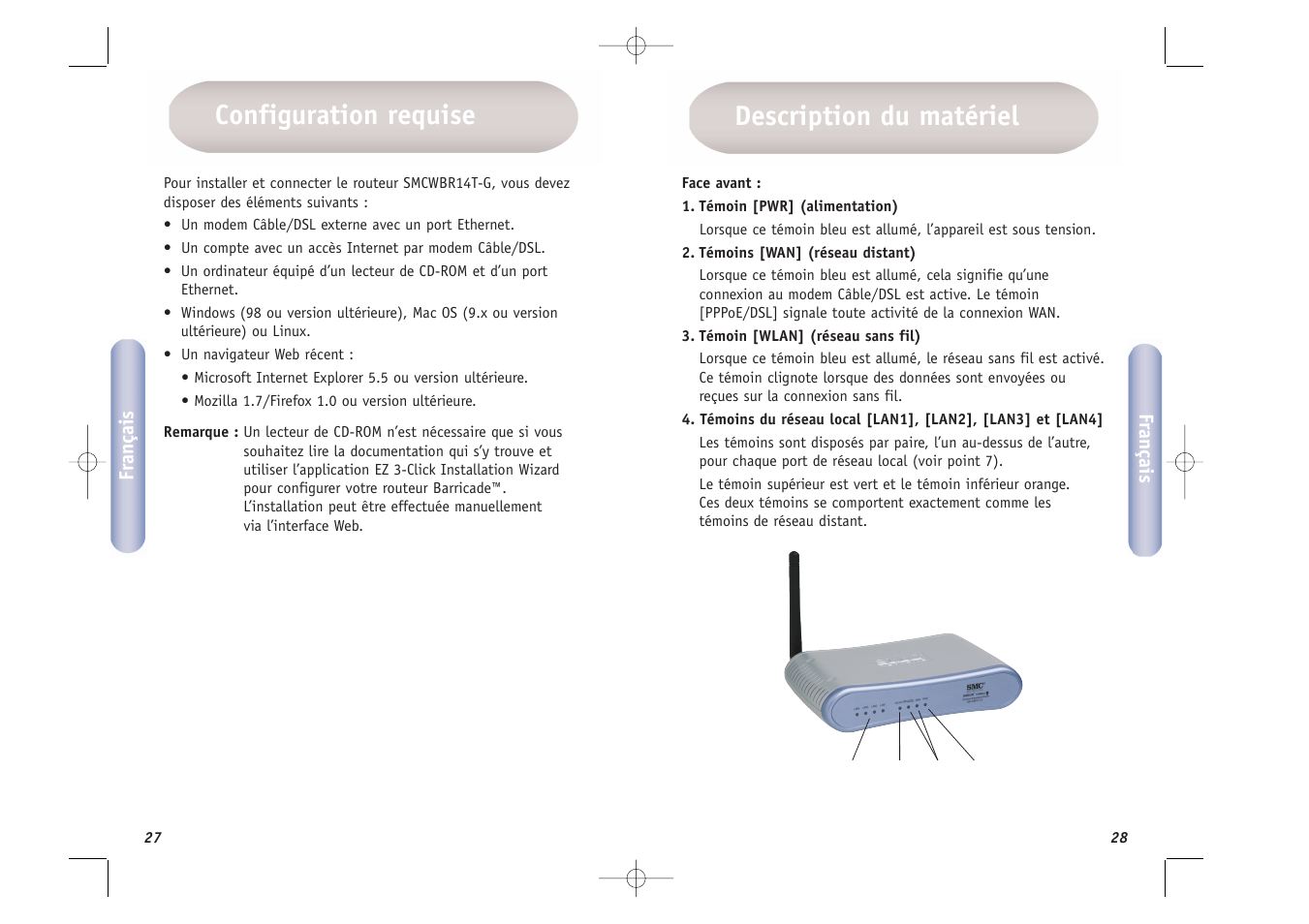 Description du matériel, Configuration requise | SMC Networks SMCWBR14T-G User Manual | Page 15 / 46