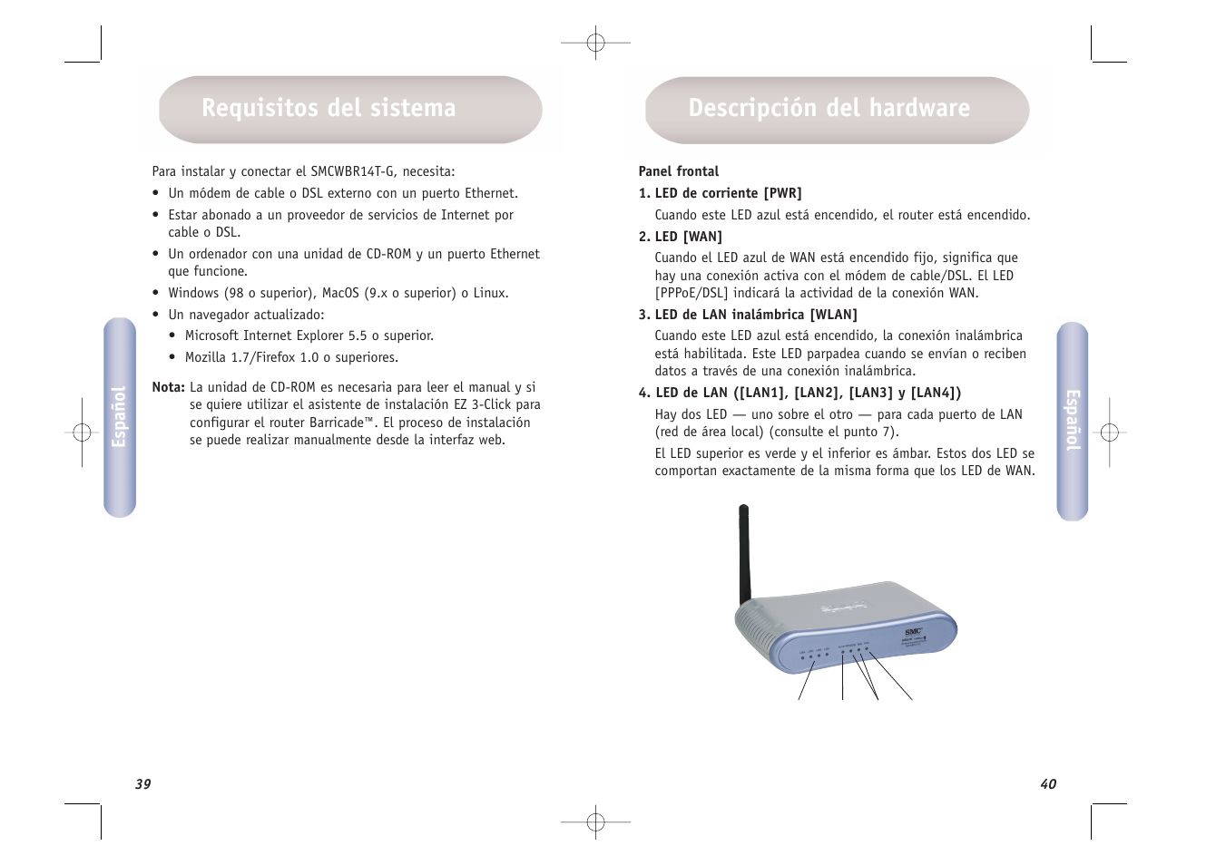 Descripción del hardware, Requisitos del sistema | SMC Networks SMCWBR14T-G User Manual | Page 21 / 46