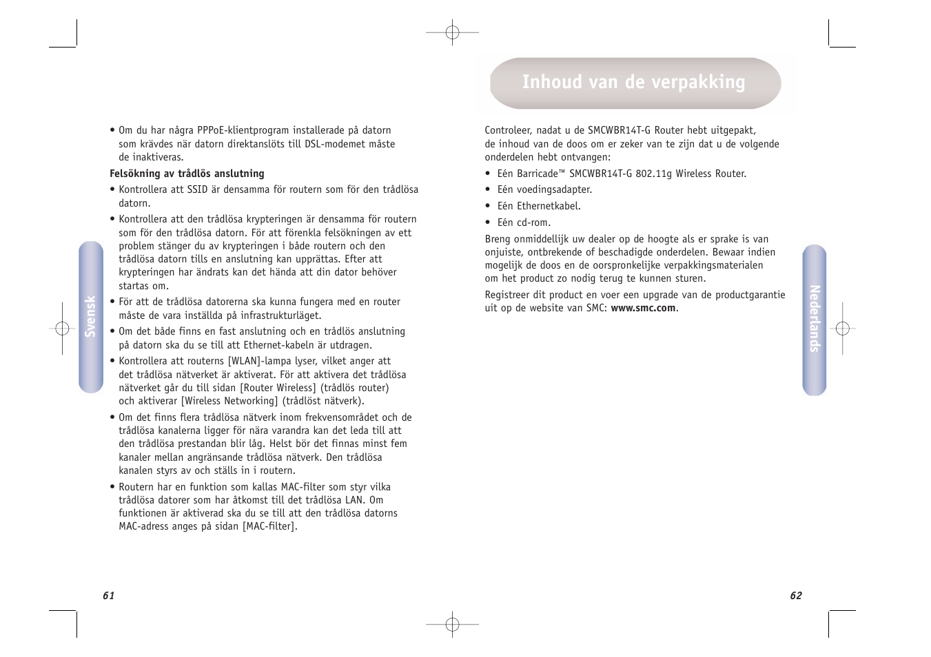 Inhoud van de verpakking | SMC Networks SMCWBR14T-G User Manual | Page 32 / 46